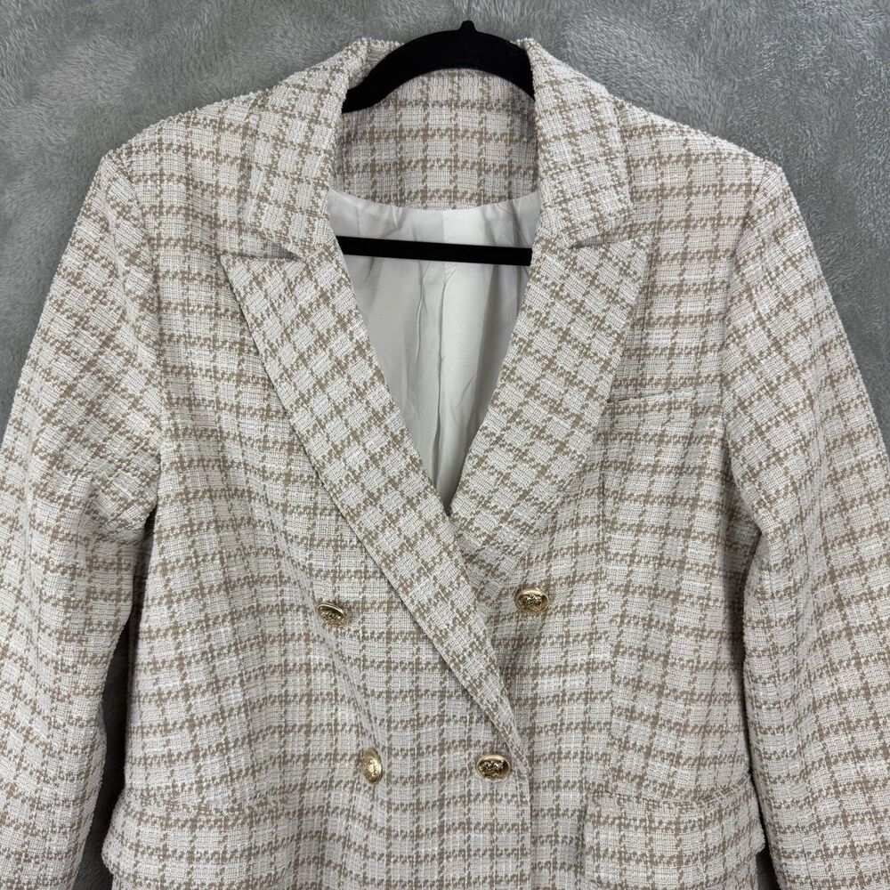 Tweed Double Breasted Blazer Suit Jacket White Brown Longer Length Women's S - Picture 4 of 12
